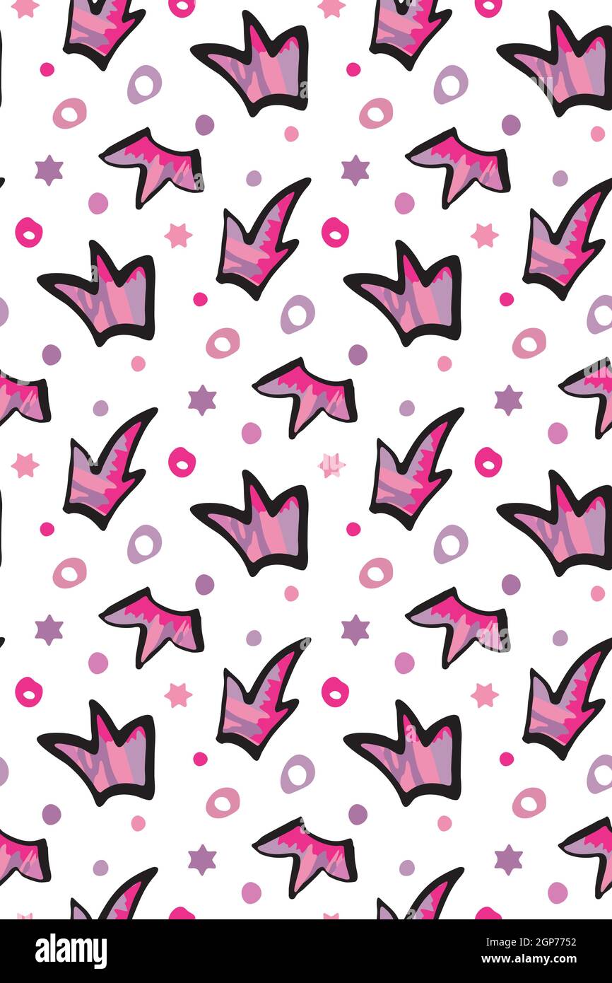 Motif Crown mignon Vector sans coutures. Trait de pinceau à encre noire dessiné à la main, effet aquarelle rose, cercles décoratifs, étoile Illustration de Vecteur