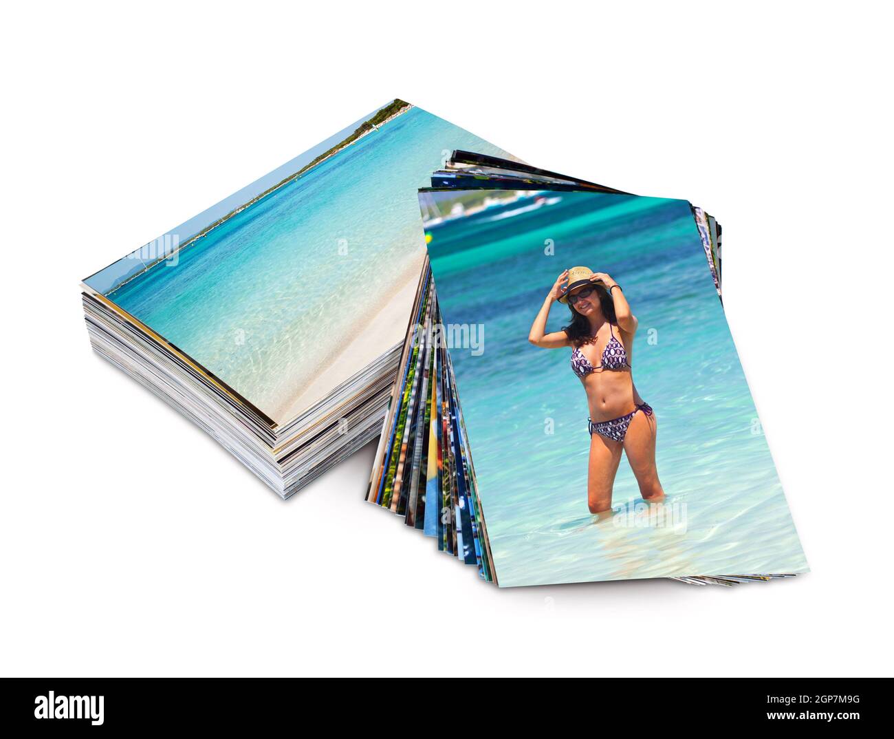 Beaucoup de photos imprimées sur du papier photo d'exemple d'un touriste en vacances. Banque D'Images