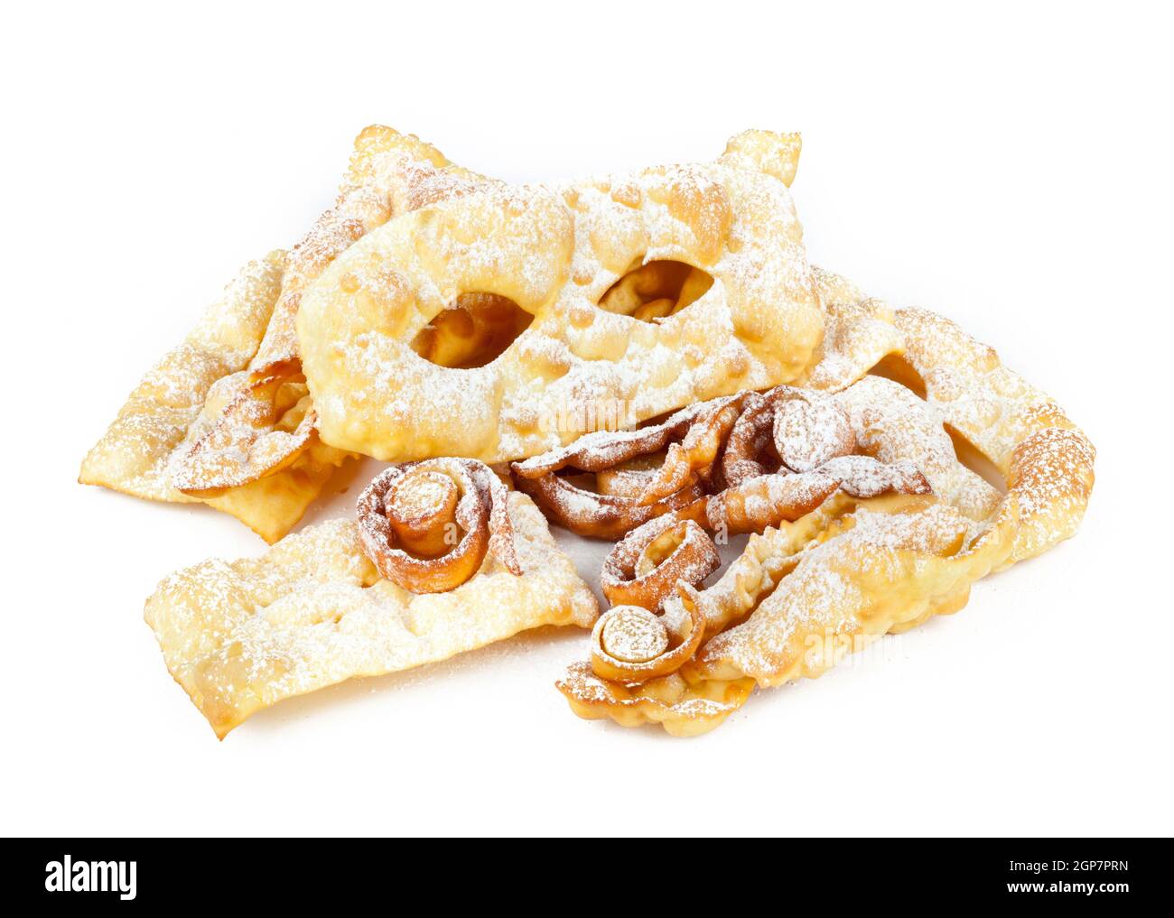Dessert typique du carnaval italien, 'Chiacchiere' frites sur blanc. Banque D'Images