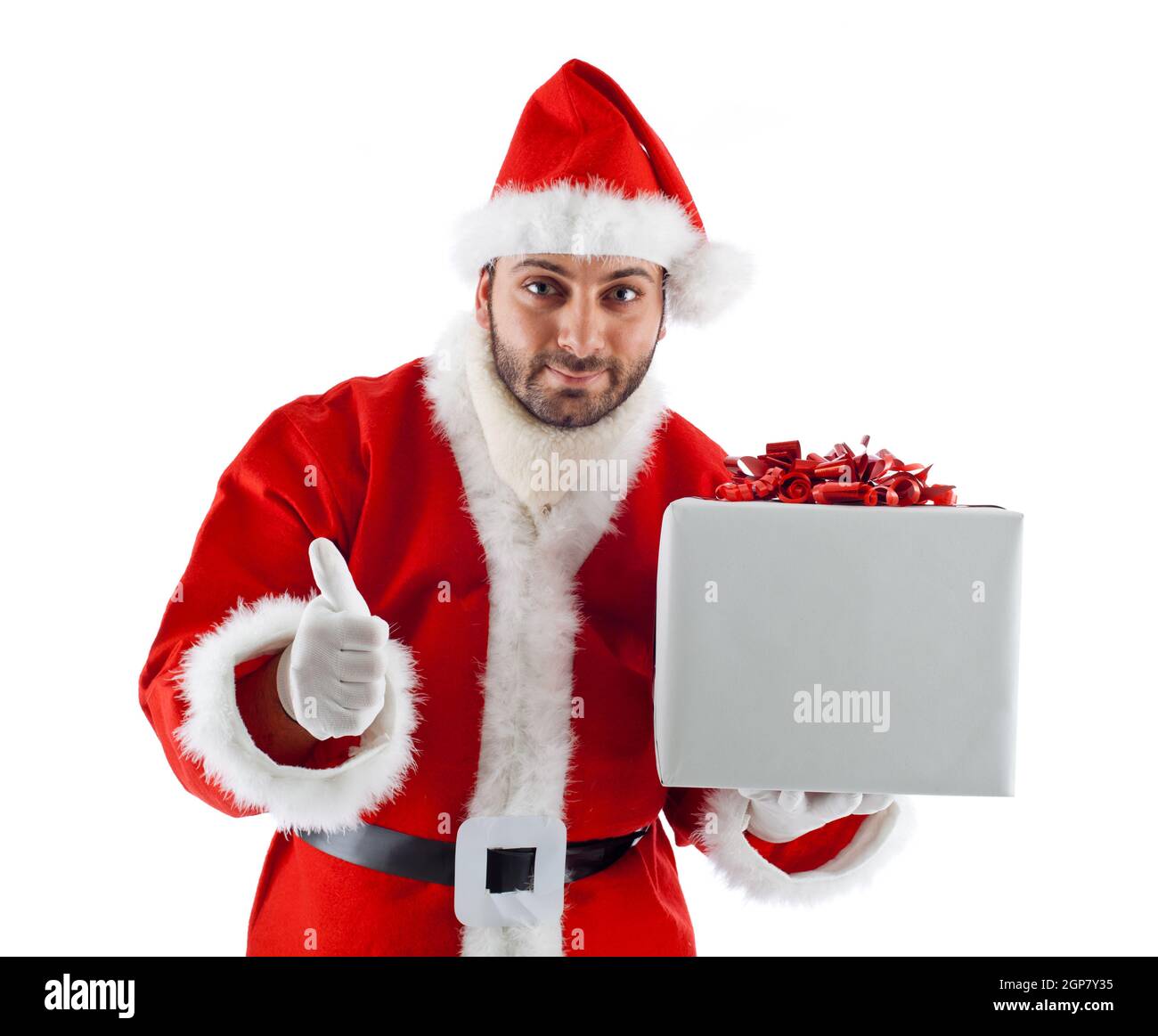 Jeune Père Noël avec boîte-cadeau sur fond blanc Photo Stock - Alamy