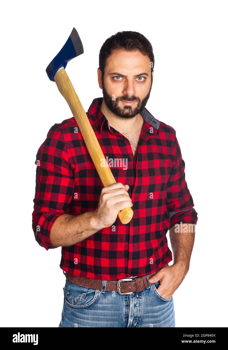 Bûcheron avec chemise à carreaux sur fond blanc Banque D'Images