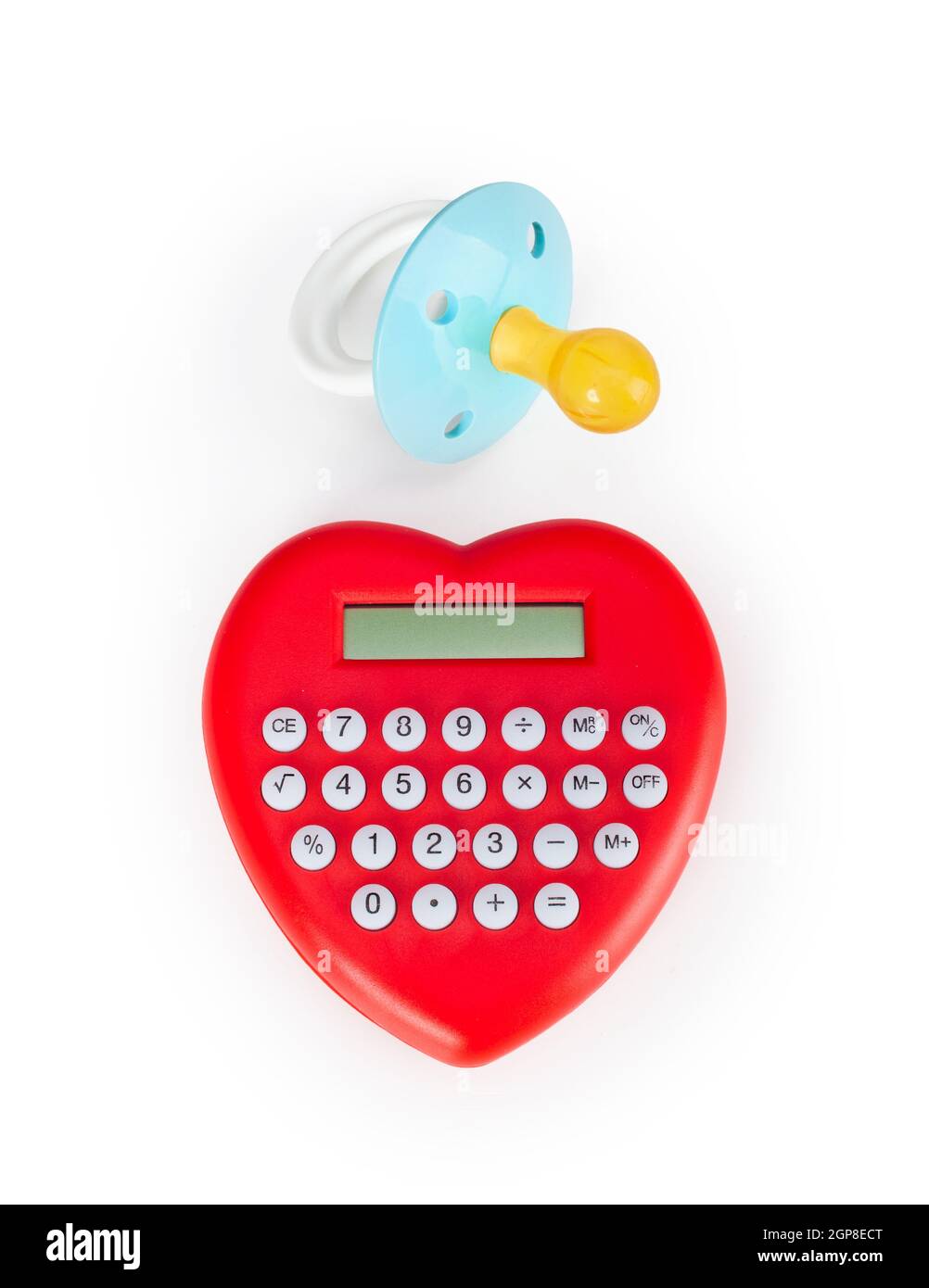 Sucette en forme de coeur et Calculatrice. Concept de dépenses à l'appui des fils. Banque D'Images