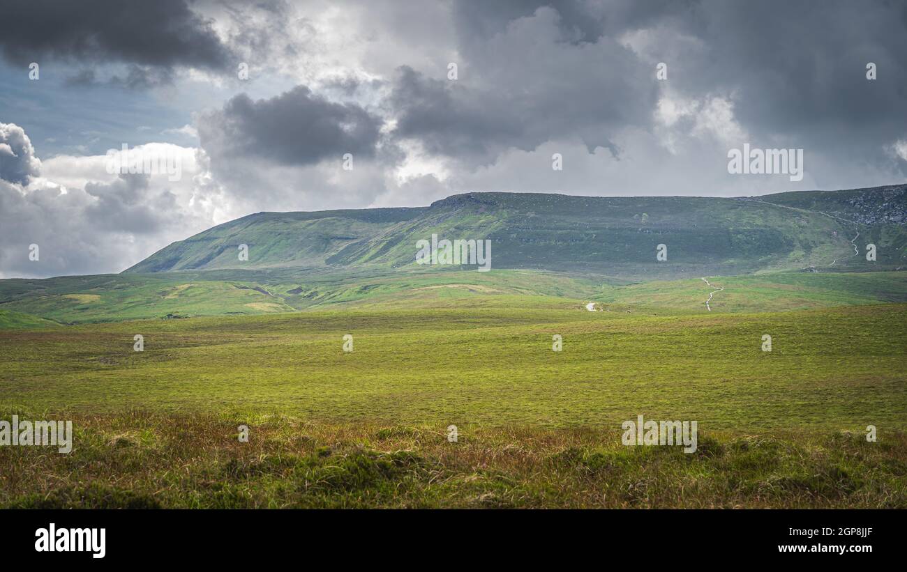 Prairie verte et tourbière avec vue sur une promenade en bois menant à la montagne Cuilcagh, orageux, ciel spectaculaire en arrière-plan, Irlande du Nord Banque D'Images