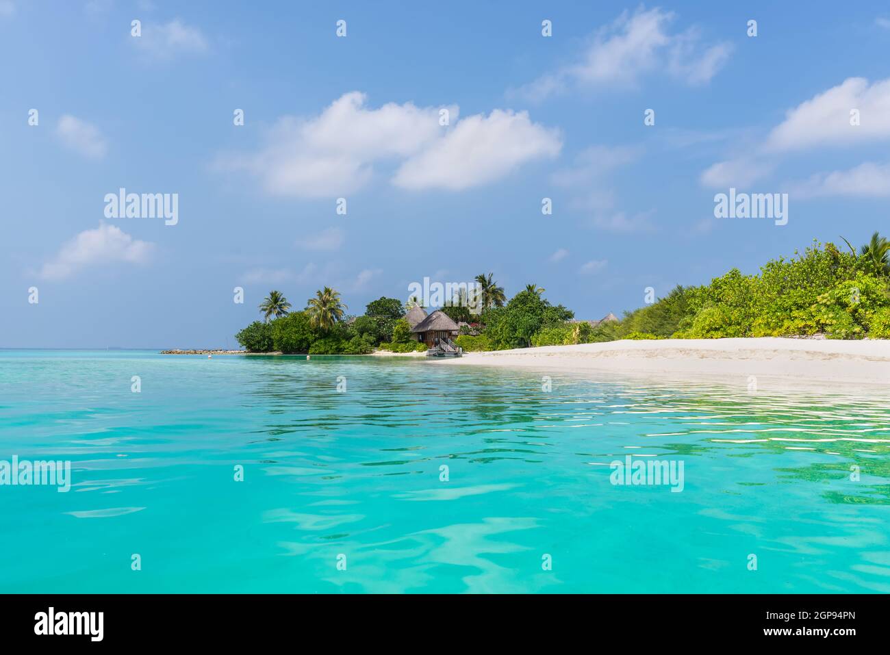 Paysage avec une petite île dans les Maldives, l'Océan Indien, l'Atoll de Kaafu, Kuda Huraa Island Banque D'Images