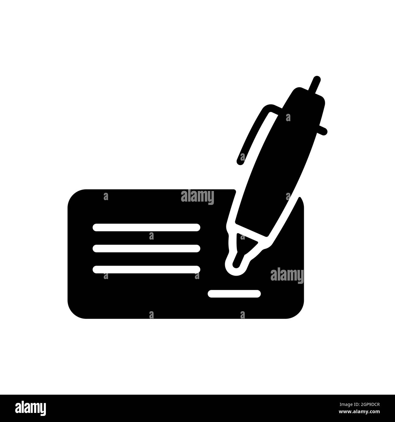 Chèque de banque vierge avec stylo et signature icône de glyphe. E-commerce. Symbole graphique pour la conception de votre site Web, votre logo, votre application, votre interface utilisateur. Illustration vectorielle, EPS10. Banque D'Images