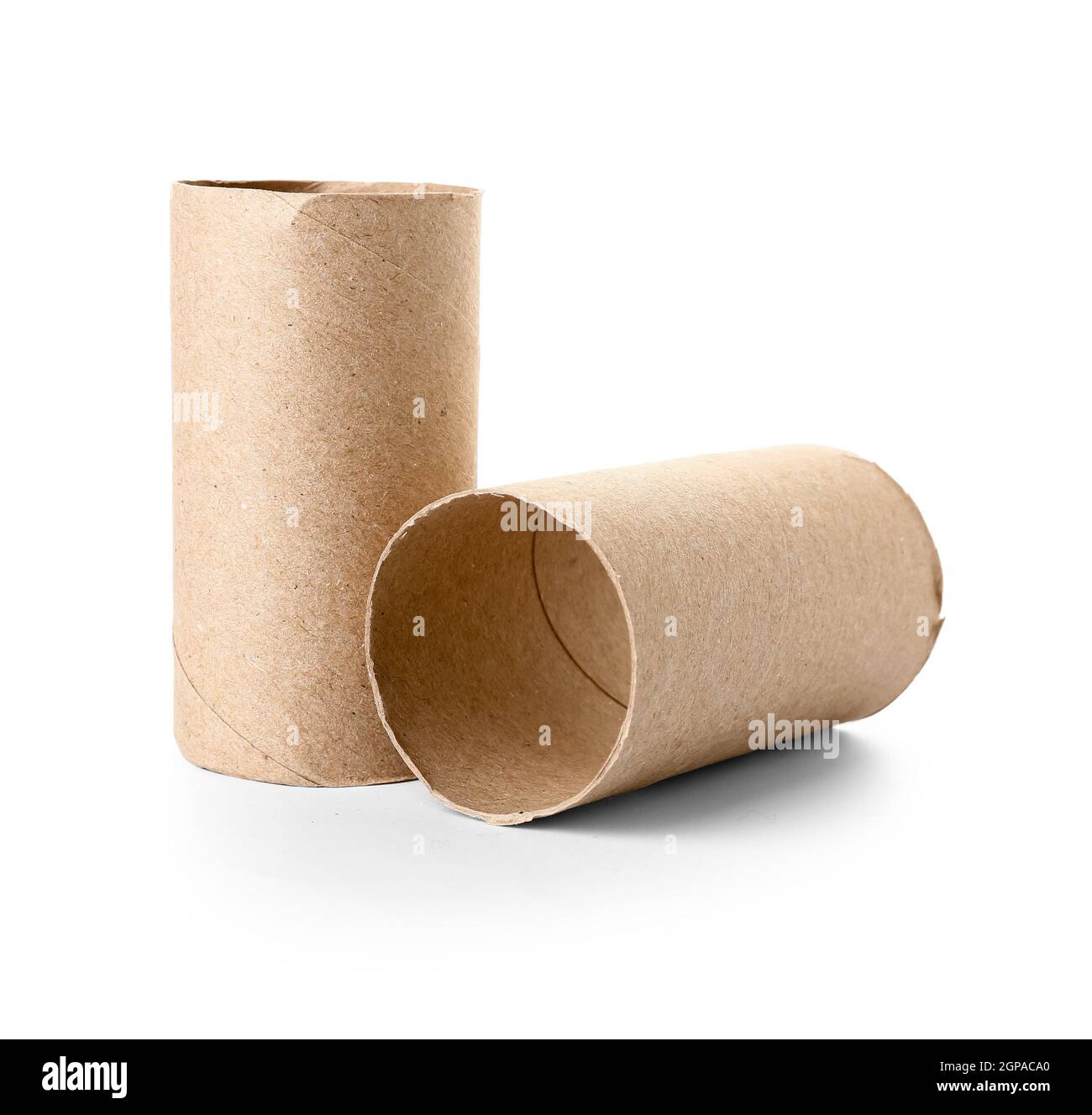 Vider les tubes de rouleau de toilettes en carton sur fond blanc Banque D'Images