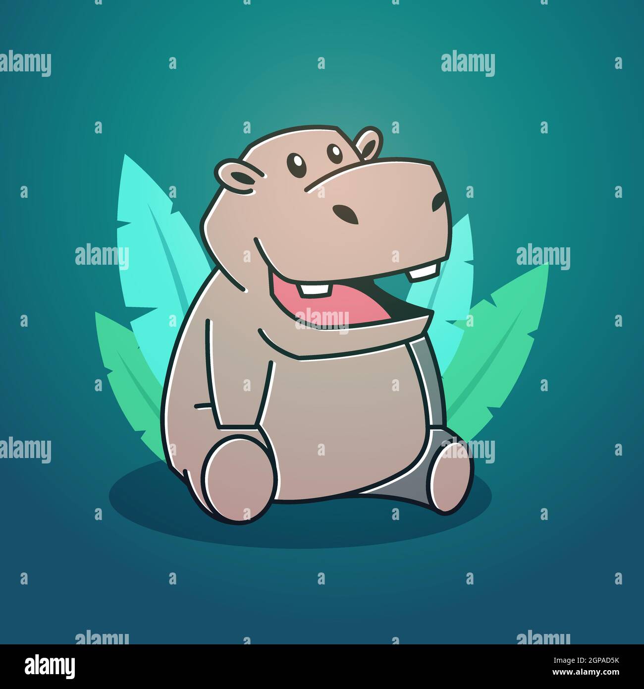 Mignon Happy Big Hippopotamus feuilles assis personnage de mascotte dessin animé Illustration de Vecteur