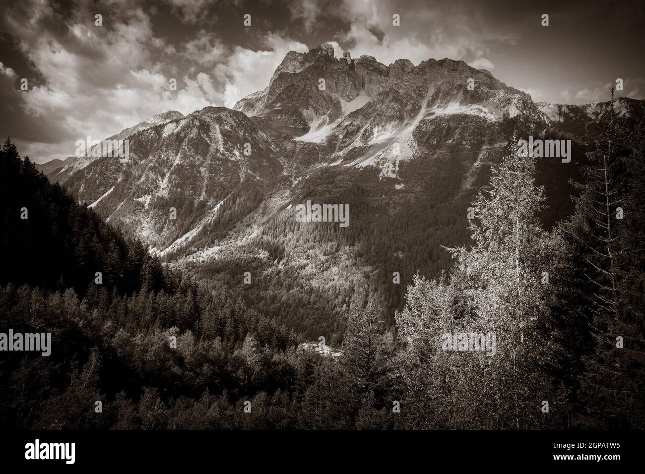 Paysage de montagne et de pâturages à Pralognan la Vanoise. alpes françaises. Photographie en noir et blanc Banque D'Images