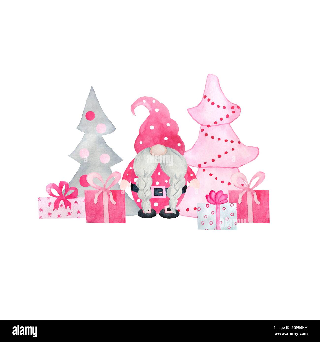 Aquarelle dessin à la main avec des gnomes de Noël roses, cadeaux de nouvel an cadeaux.pastel gnomes nordiques avec chritsmas flocons de neige arbre, mignon personnage de dessin animé hiver design Banque D'Images