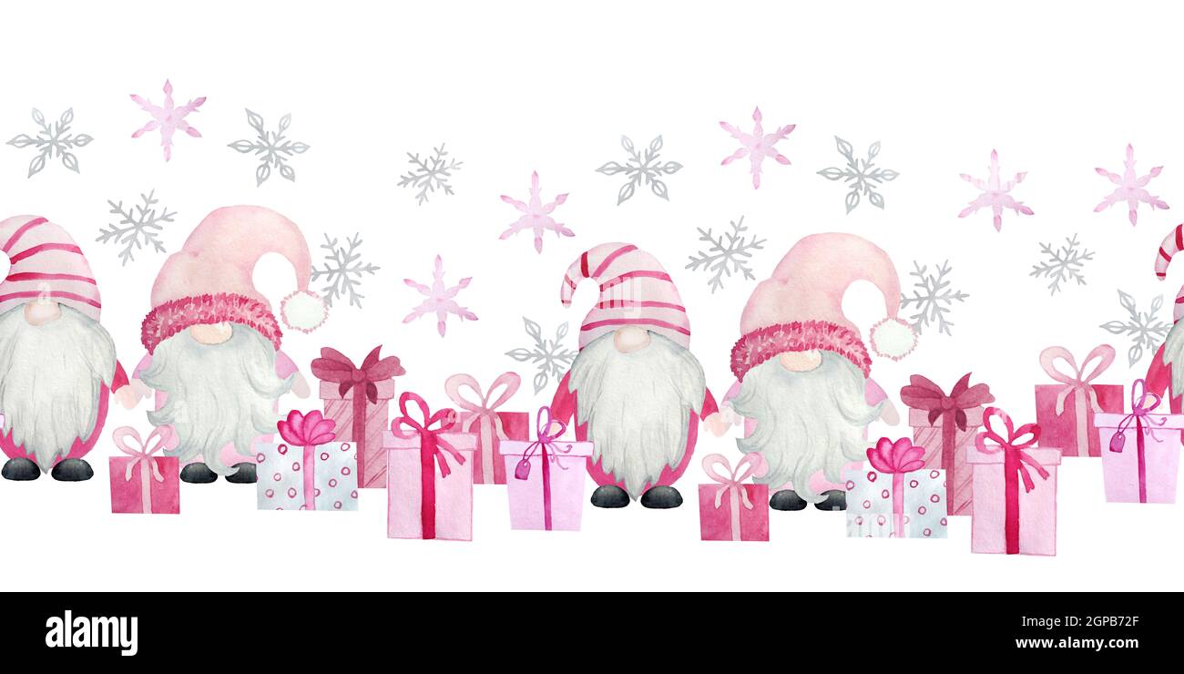 Aquarelle main frontière sans couture avec gnomes de Noël roses, cadeaux du nouvel an cadeaux.pastel gnomes scandinaves avec chritsmas arbres flocons de neige, joli dessin animé d'hiver Banque D'Images