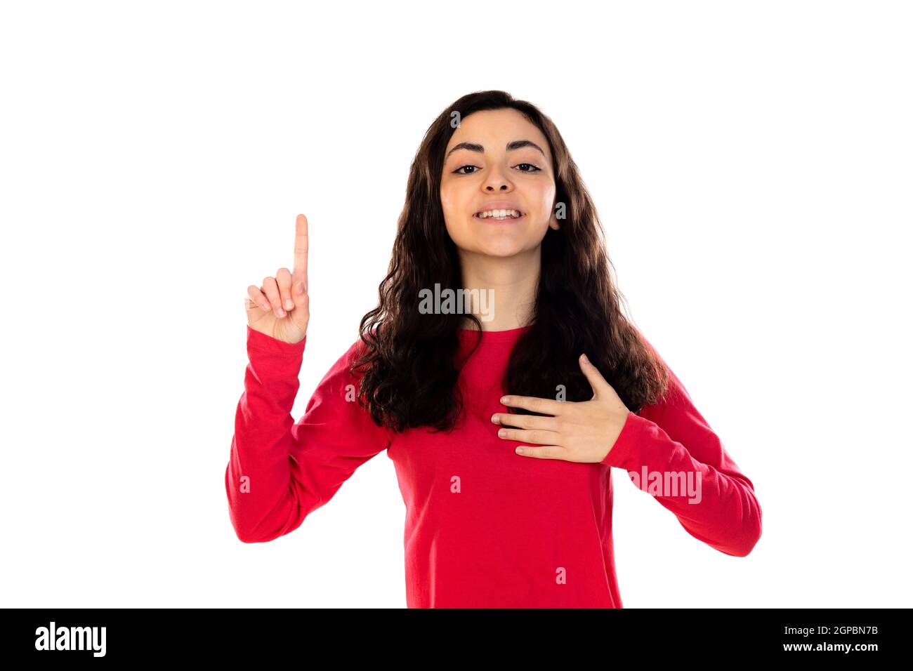 Adorable jeune fille avec chandail rouge isolé sur un blanc arrière-plan Banque D'Images