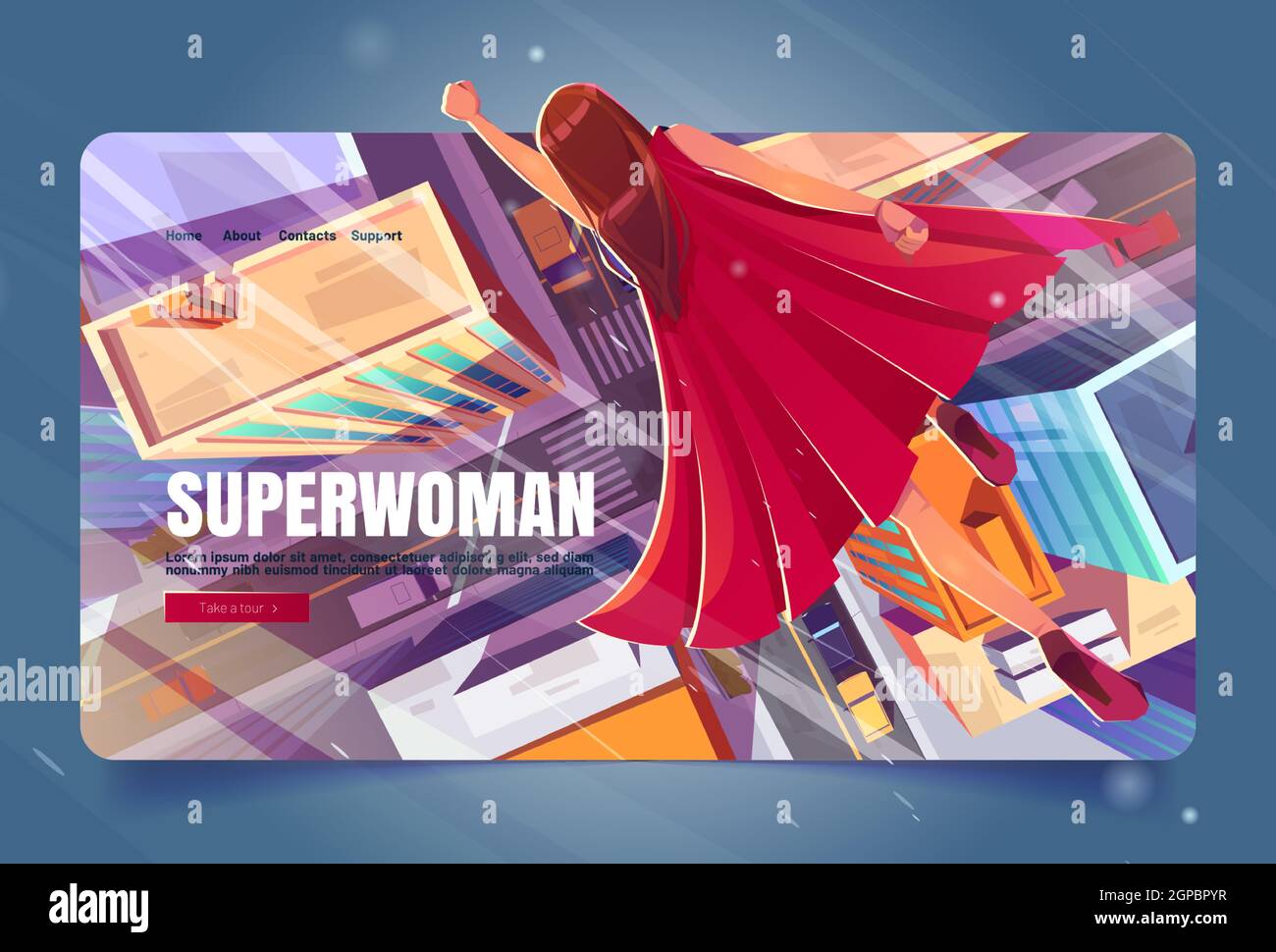 Superwoman dessin animé page d'atterrissage, super héros fille dans le Cap rouge volant avec la main levée dans le ciel au-dessus de la ville moderne. Personnage féminin puissant prêt à l'exploit, vol de personnage de bande dessinée, bannière web Vector Illustration de Vecteur