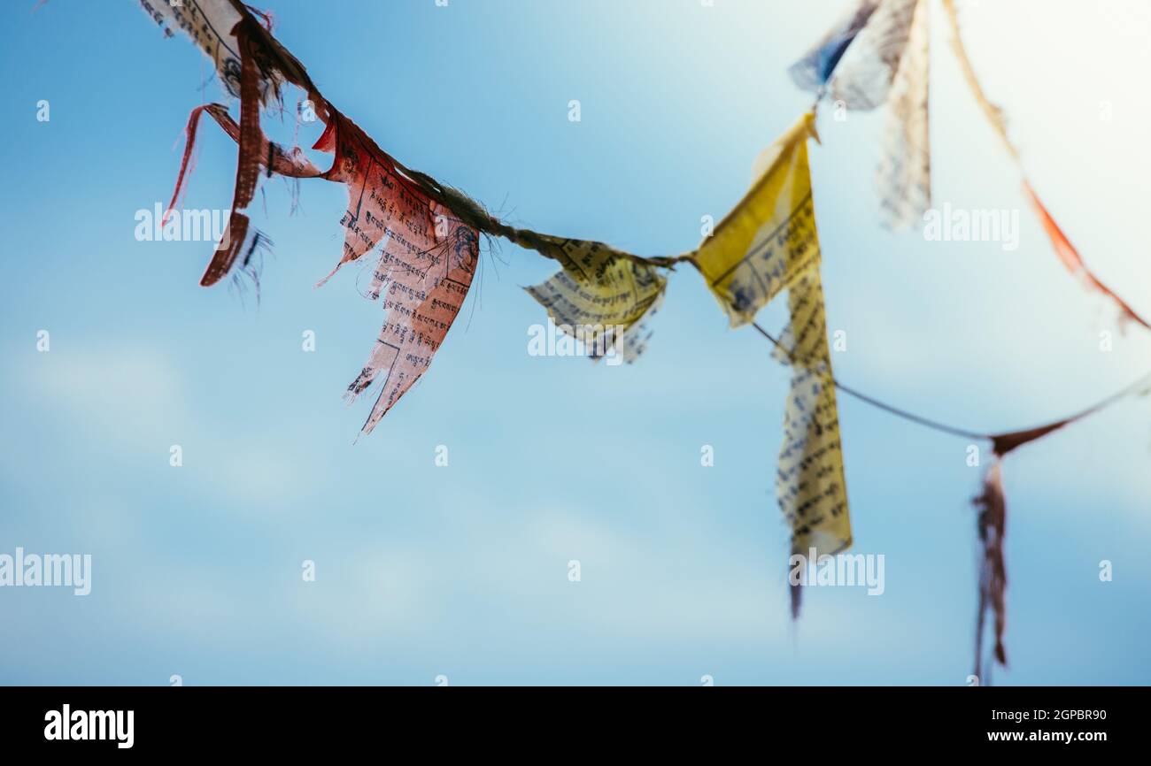Drapeau de prière tibétain coloré dans le vent, ciel bleu Banque D'Images