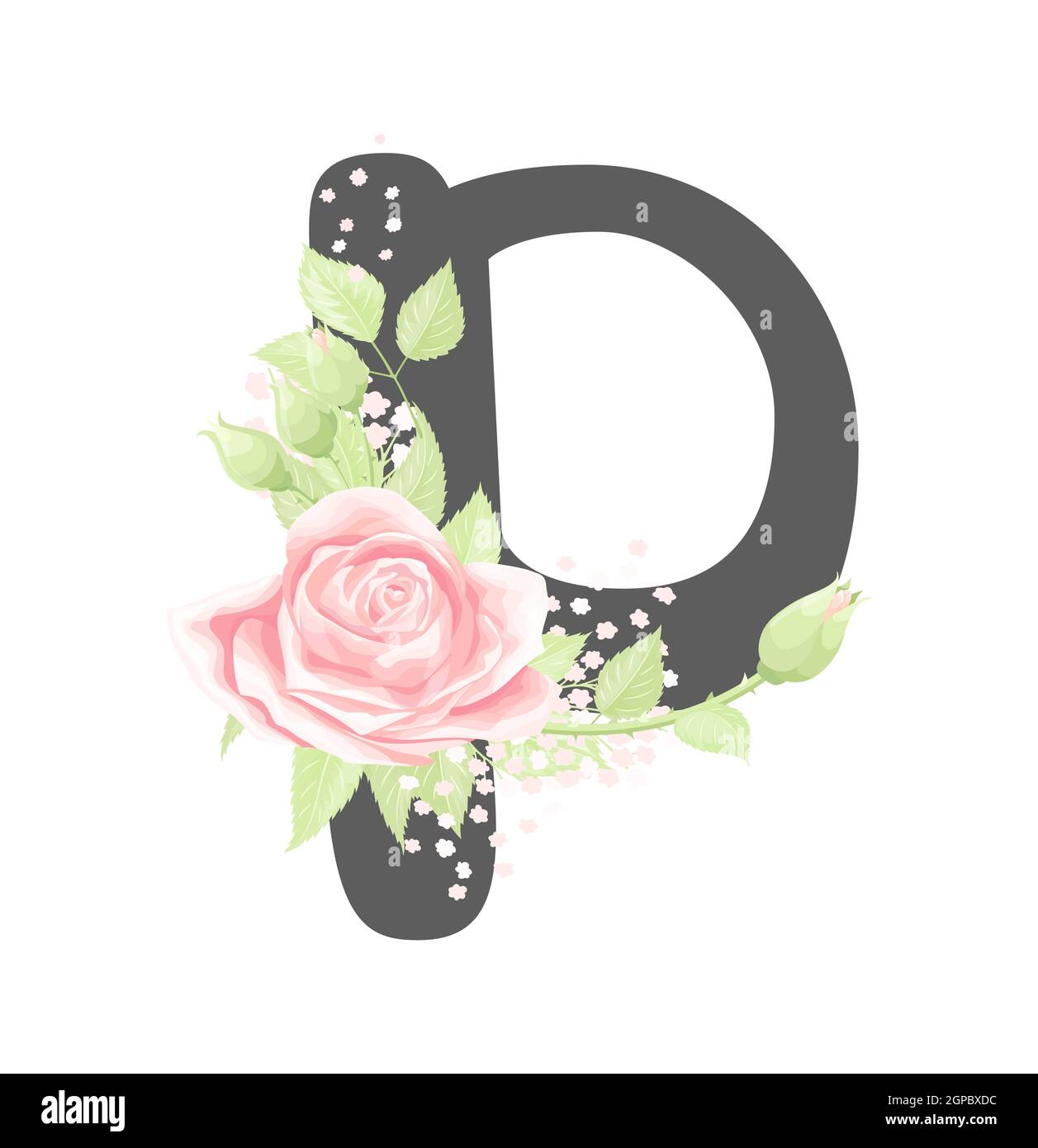 Lettre P de l'alphabet floral vectoriel avec fleurs roses crème et feuilles vertes Illustration de Vecteur