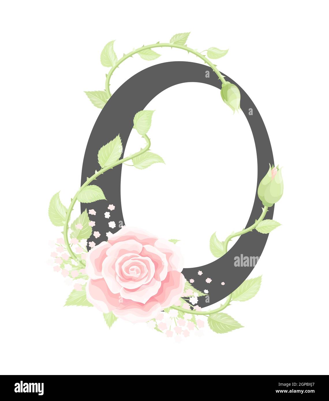 Lettre O de l'alphabet floral vectoriel avec fleurs roses crème et feuilles vertes Illustration de Vecteur