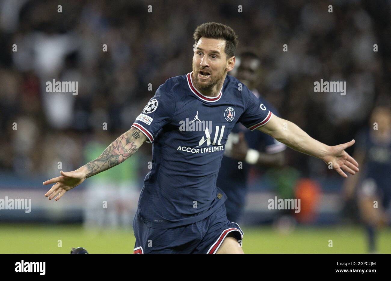 Lionel MESSI du PSG en action lors du match de football de la Ligue des champions Paris Saint Germain / Manchester City au Parc des Princes Stadium à Paris, France, le 28 septembre 2021. Photo de Loic Baratoux/ABACAPRESS.COM Banque D'Images