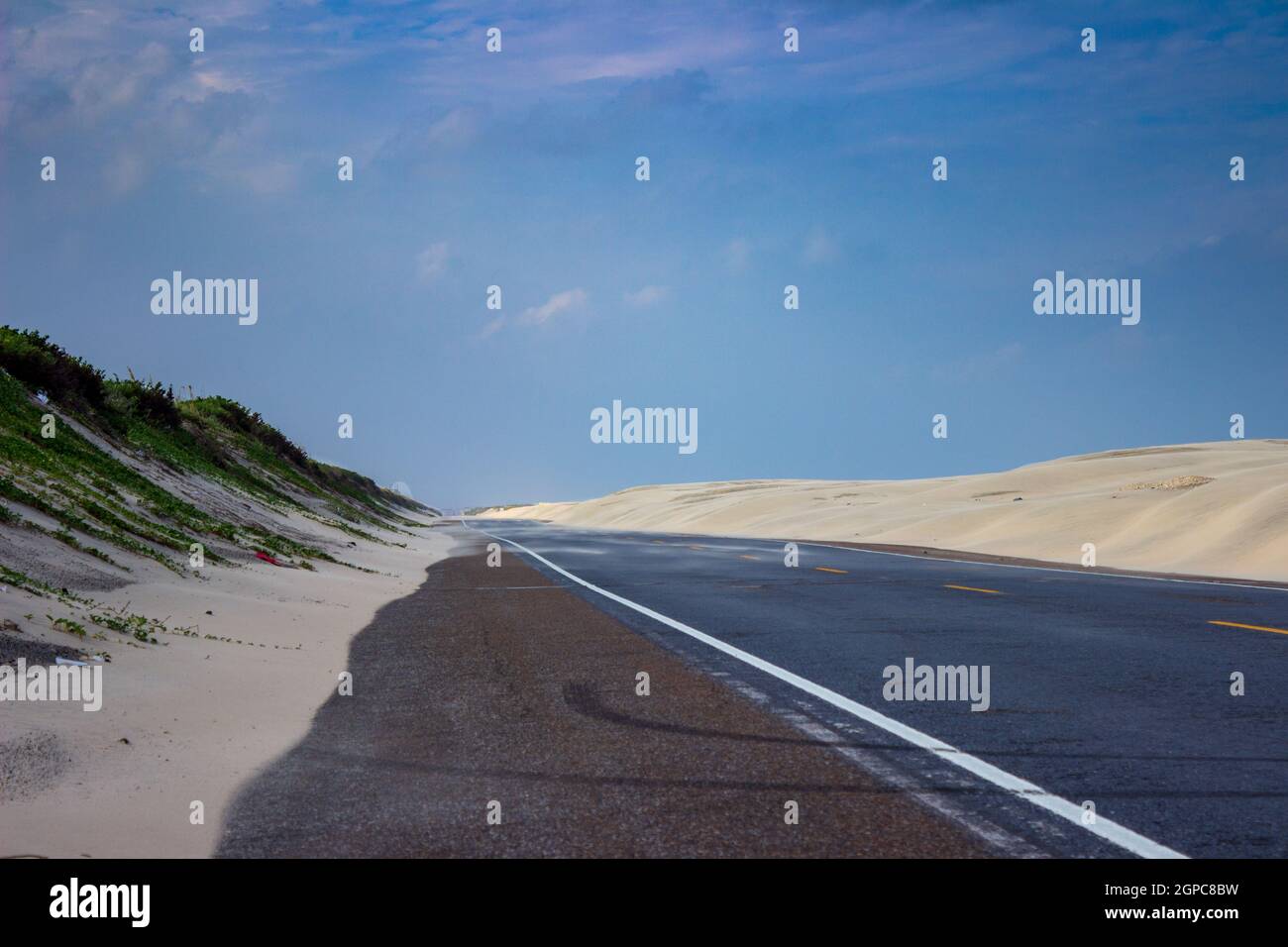 Des dunes de sable mouvantes bordent Ocean Boulevard au nord de South Padre Island, TX. Banque D'Images