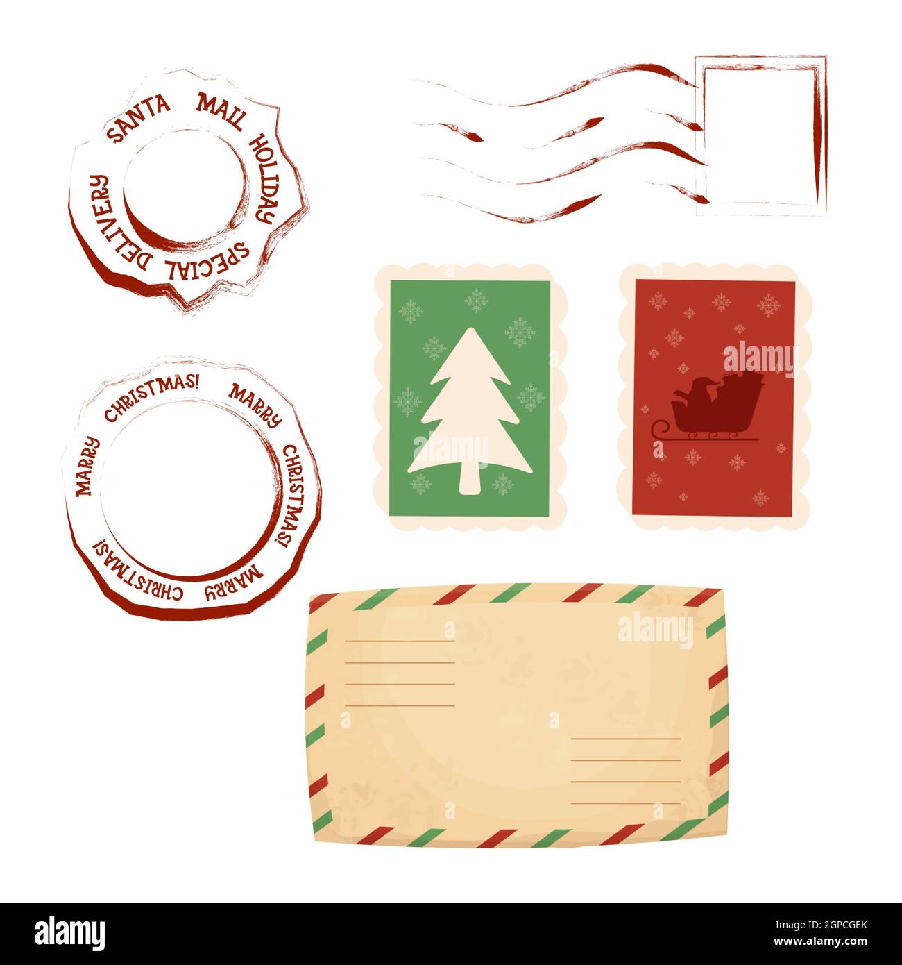 Ensemble de timbres de Noël et de cachet de poste avec enveloppe de style dessin animé isolée sur fond blanc. Décorations en cire rouge grunge, rétro, vintage. Vect Illustration de Vecteur