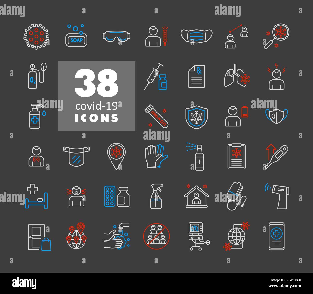 Définir les icônes de vecteur de virus corona. Symptômes et icônes antivirus de protection liés au coronavirus, 2019-nCoV. Pneumonie humaine Covid-19 Banque D'Images