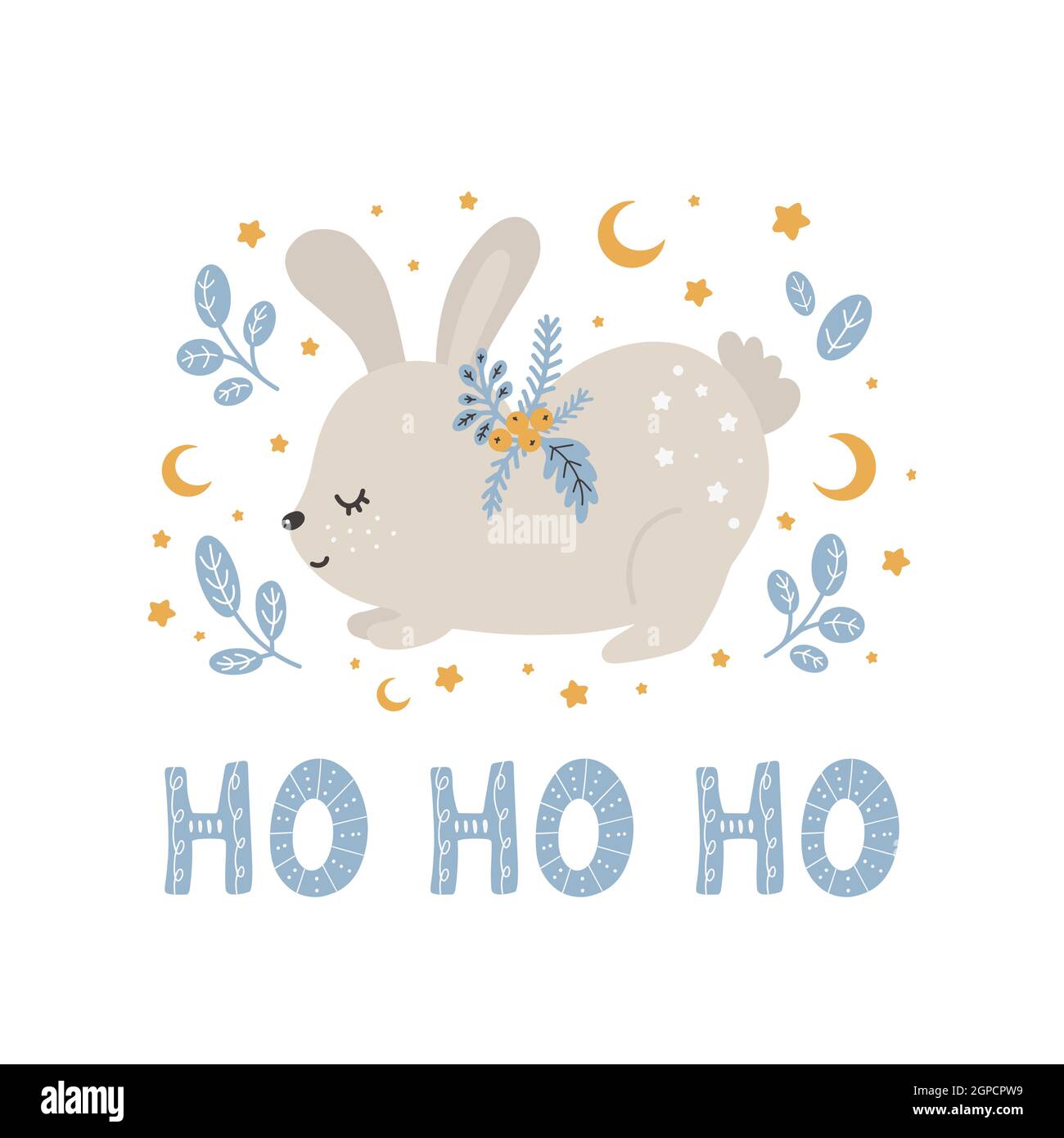 Joyeux Noël et nouvel an joli lapin animal de style scandinave avec lettrage - ho ho ho ho. Dessin animé animal.joli imprimé Illustration de Vecteur
