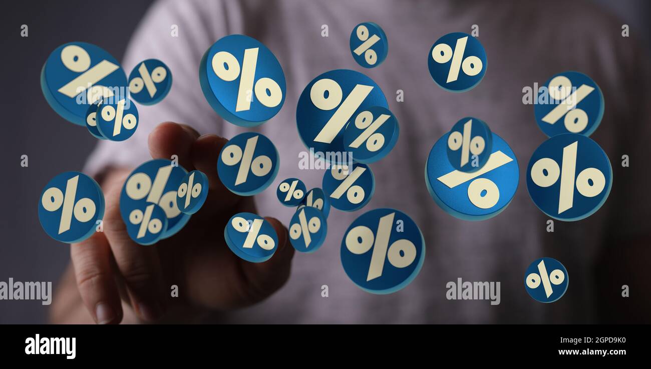rendu 3d des symboles de pourcentage beige sur les bureaux circulaires bleus touchés par une main Banque D'Images