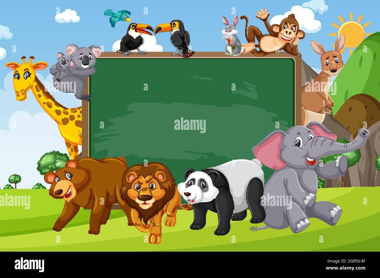 Tableau noir vide avec divers animaux sauvages dans l'illustration de la forêt Illustration de Vecteur