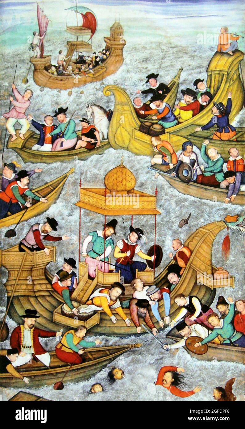 Inde / Portugal: 'Dath du Sultan Bahadur devant l'UDI pendant les négociations avec les Portugais, 1537'. Peinture de la 'Akbarnama', fin du XVIe siècle. Qutb-ud-DIN Bahadur Shah (c. 1506-1537), né Bahadur Khan, était un sultan de la dynastie des Muzaffaride qui régnait sur le Sultanat du Gujarat en Inde. Combattant ses frères pour succéder à son père, il a étendu ses royaumes par des expéditions militaires, mais a été attaqué par l'empire moghol grandissant. Gujarat est tombé en 1532, mais Bahadur a retrouvé son royaume en 1536 avec l'aide portugaise. Il a ensuite été tué par les Portugais un an l Banque D'Images