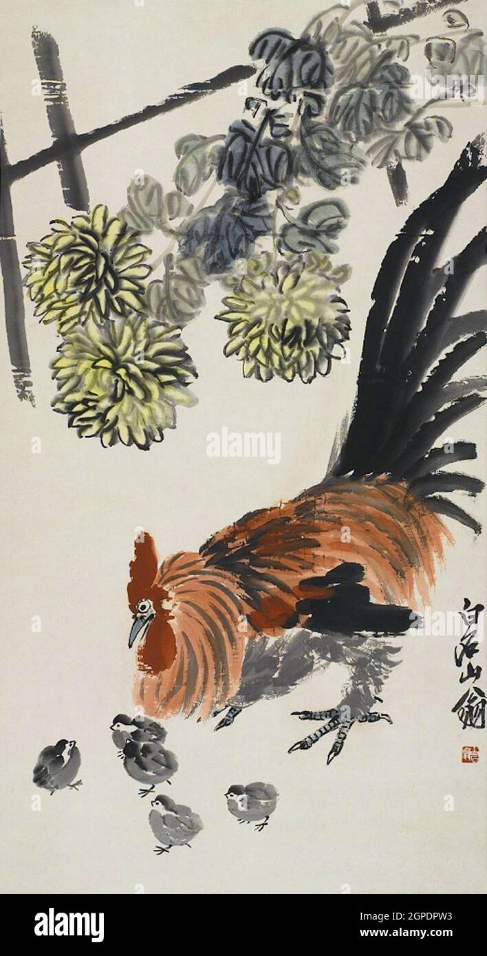 Chine: 'Chiles et Chrysanthemum' par Qi Baishi (1864-1957). Académie des beaux-arts de Beijing. Qi Baishi était un artiste chinois dont le sujet comprenait presque tout, animaux, paysages, figures, jouets, et légumes. Banque D'Images