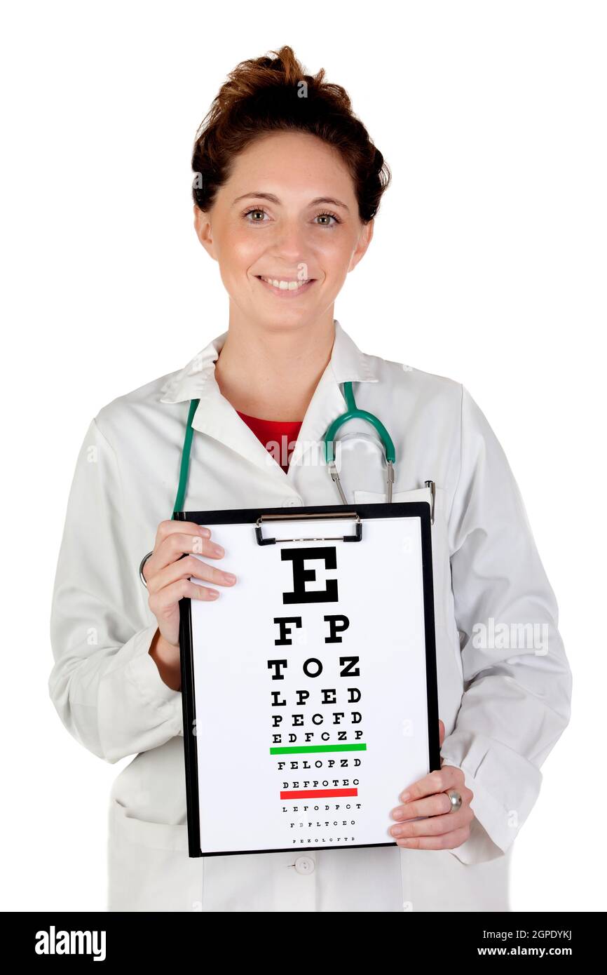 Femme d'oculiste avec une vision graphique de l'examen isolé sur fond blanc Banque D'Images