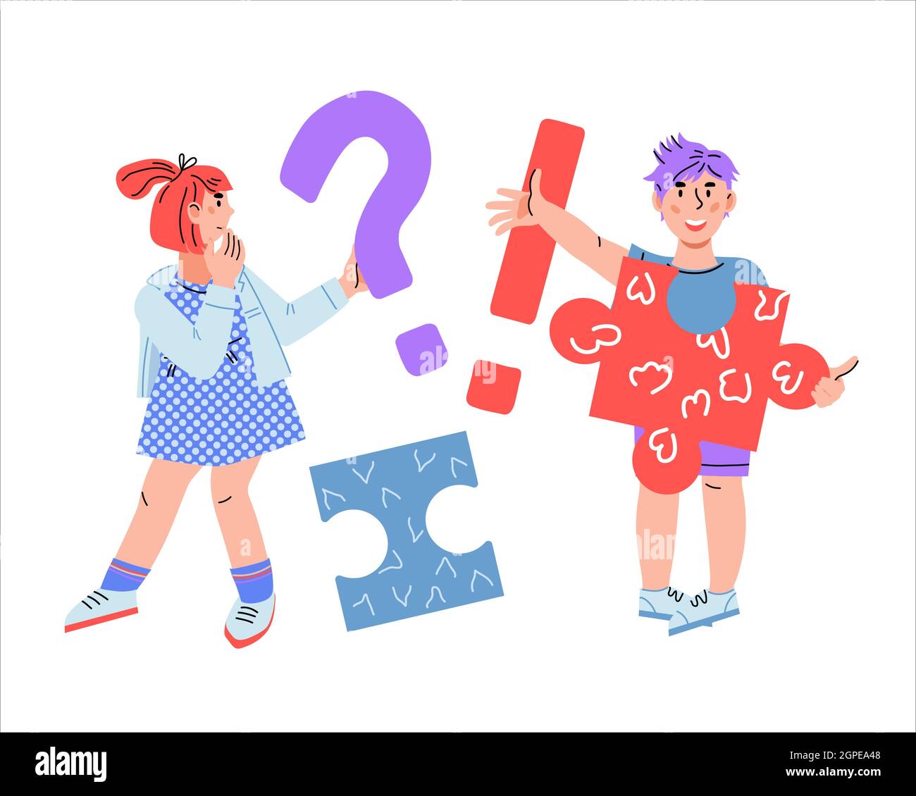 Les enfants demandent et obtiennent des réponses. Confusion fille ayant la question et gai garçon a obtenu une réponse, dessin animé plat illustration vectorielle isolée sur blanc Illustration de Vecteur