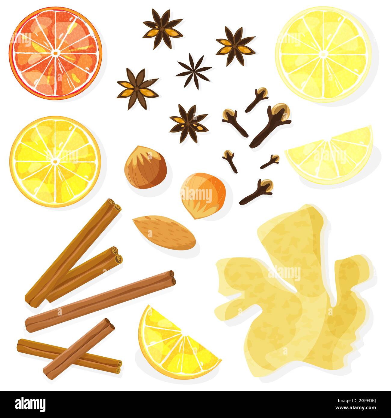 Ensemble d'épices, de noix et de fruits. Ingrédients de vin chaud. Illustration vectorielle plate. Illustration de Vecteur