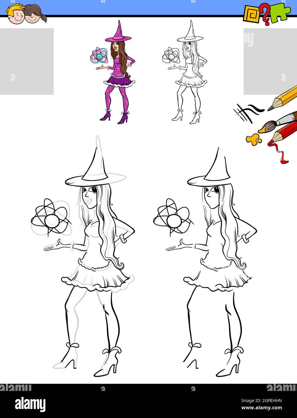 tâche de dessin et de coloration avec le personnage de sorcière fille Illustration de Vecteur