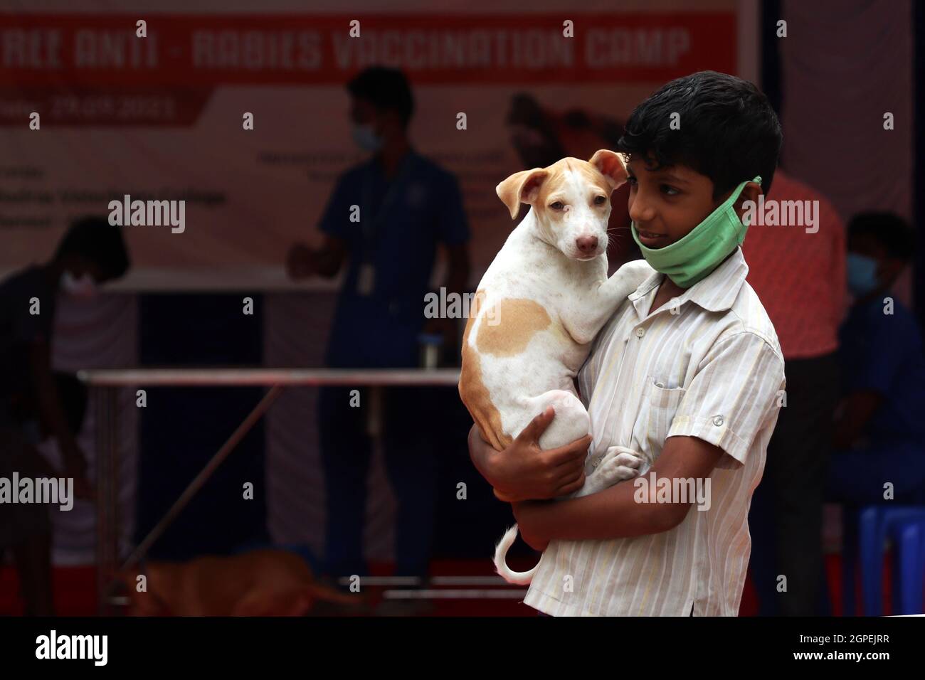 Chennai, Tamil Nadu, Inde. 29 septembre 2021. Un garçon arrive vacciner son chien avec une dose d'un vaccin anti-rage à l'occasion de la Journée mondiale de la rage à l'hôpital universitaire vétérinaire Tamil Nadu à Chennai. (Credit image: © Sri Loganathan/ZUMA Press Wire) Credit: ZUMA Press, Inc./Alay Live News Banque D'Images