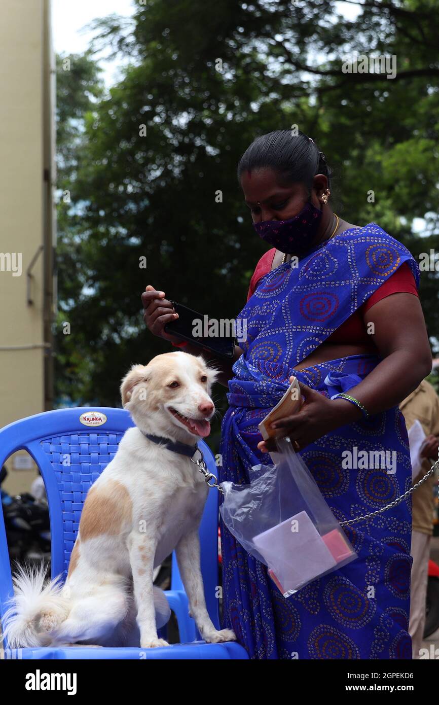 Chennai, Tamil Nadu, Inde. 29 septembre 2021. Une femme se présente pour vacciner son chien avec une dose d'un vaccin antirabique à l'occasion de la Journée mondiale de la rage à l'hôpital universitaire vétérinaire du Tamil Nadu à Chennai. (Credit image: © Sri Loganathan/ZUMA Press Wire) Credit: ZUMA Press, Inc./Alay Live News Banque D'Images