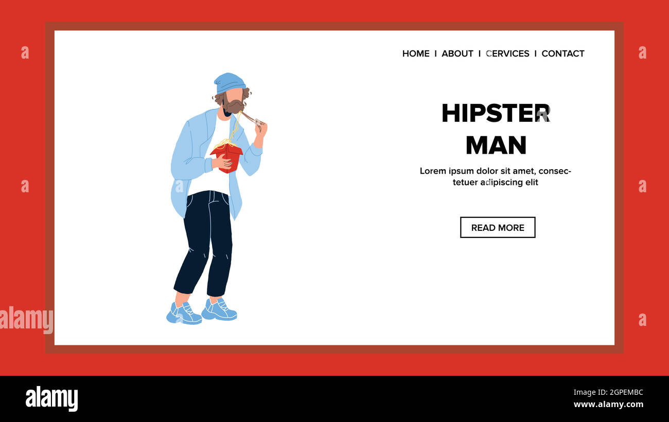 Hipster Man mangeant des nouilles asiatiques avec Stick Vector Illustration de Vecteur