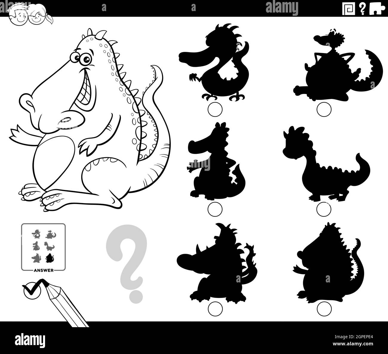 jeu d'ombres avec dragon fantasy caractère coloriage page livre Illustration de Vecteur