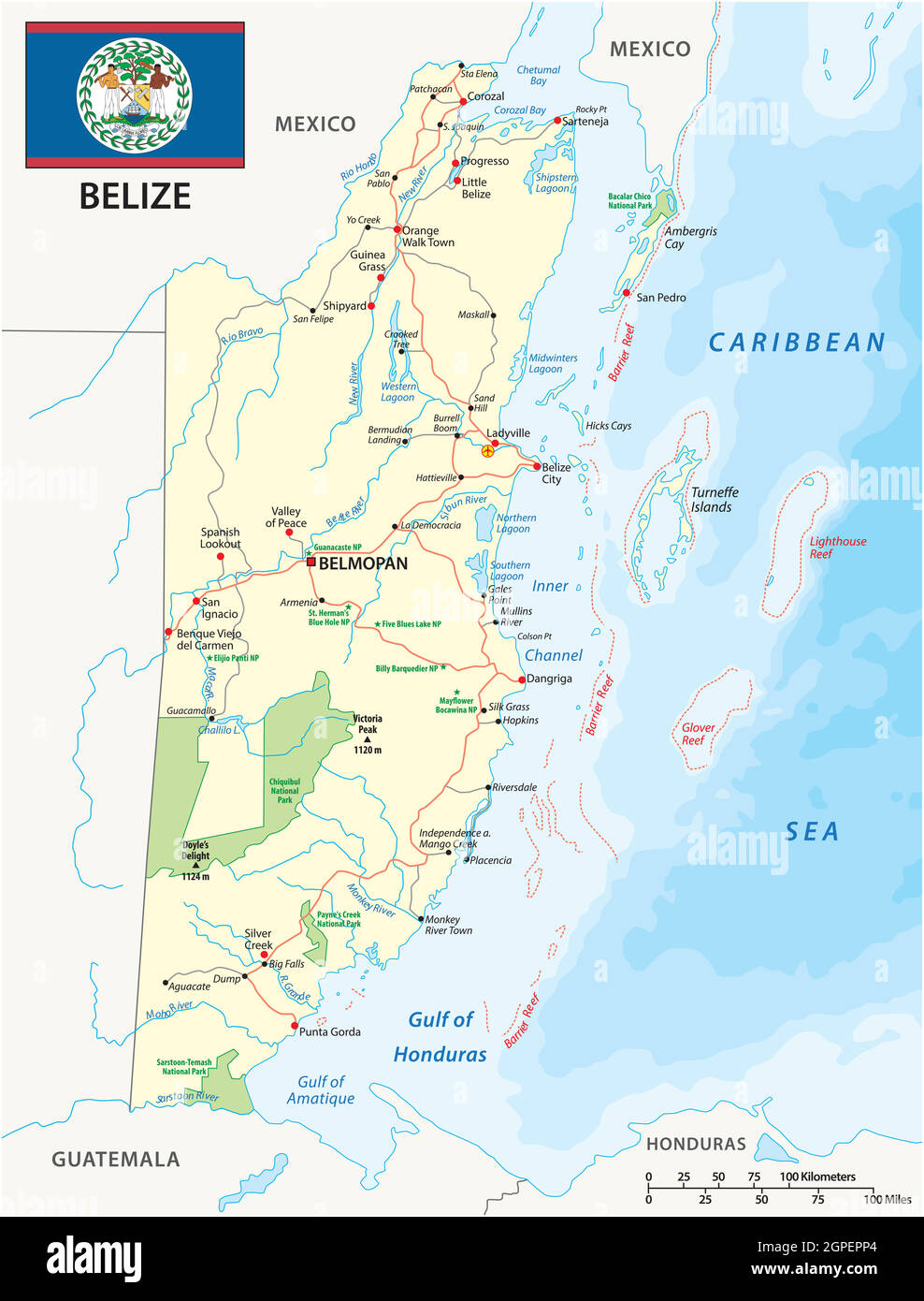 Carte routière et parc national de l'État d'Amérique centrale belize Illustration de Vecteur