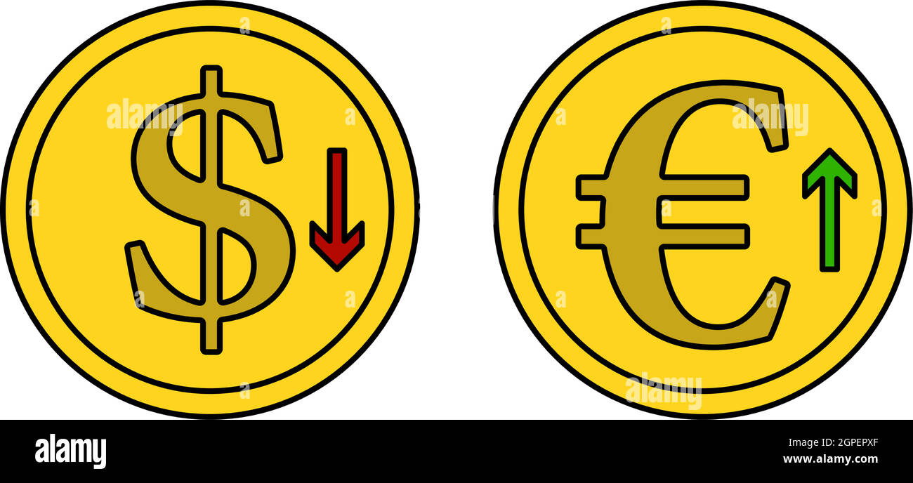 Icône de la monnaie en euros à la baisse du dollar et à la croissance Illustration de Vecteur