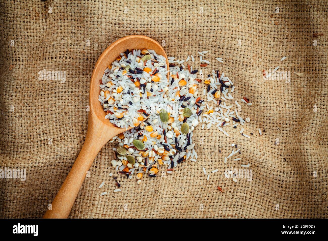 Multi mixtes traditionnels grain riz thaïlandais de maïs, tournesol, seigle, sésame, , et les tears best food pour la nourriture saine et propre sur le chanvre sacs arrière-plan. Banque D'Images