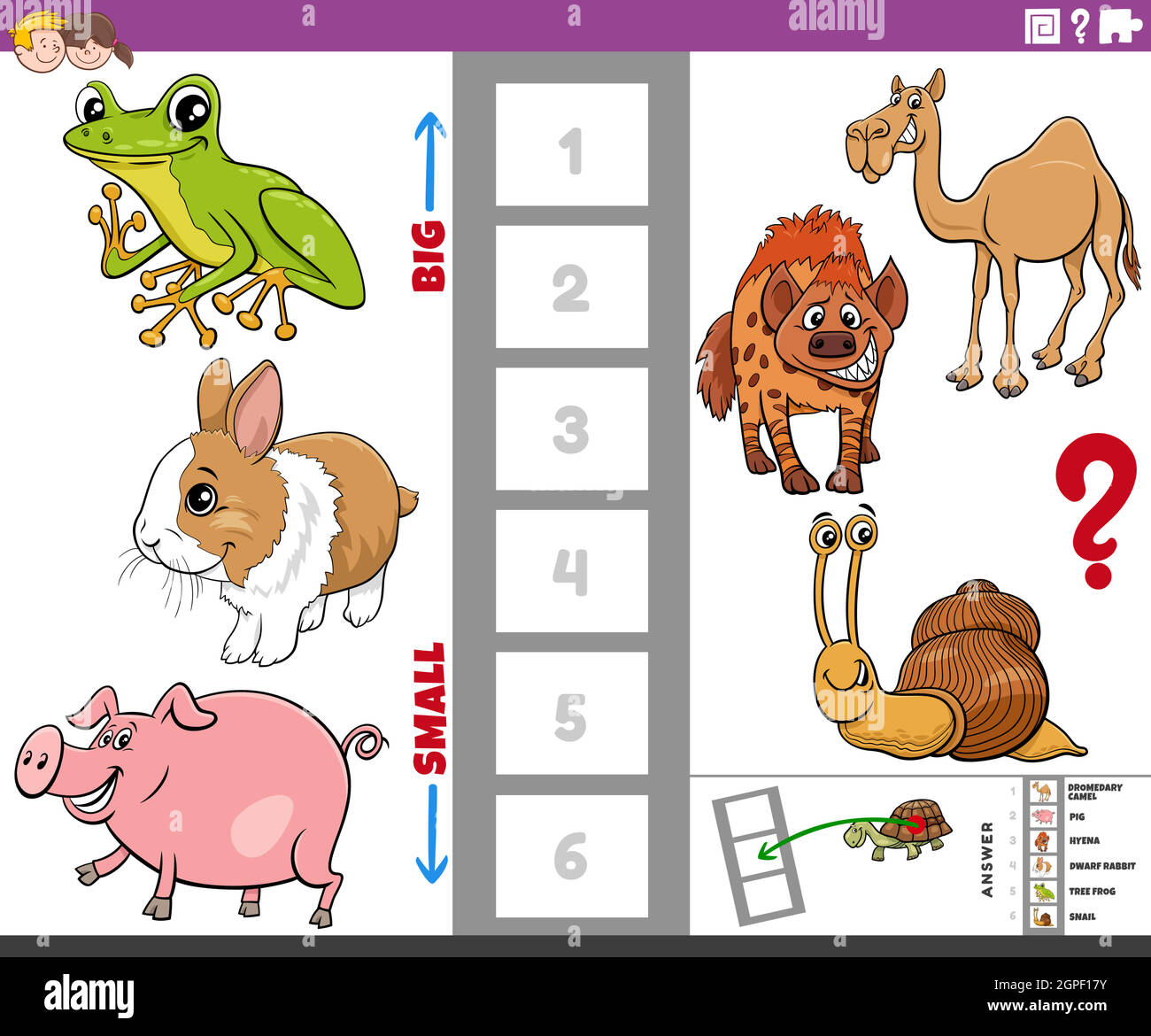 jeu éducatif avec de grands et petits animaux de dessin animé pour les enfants Illustration de Vecteur