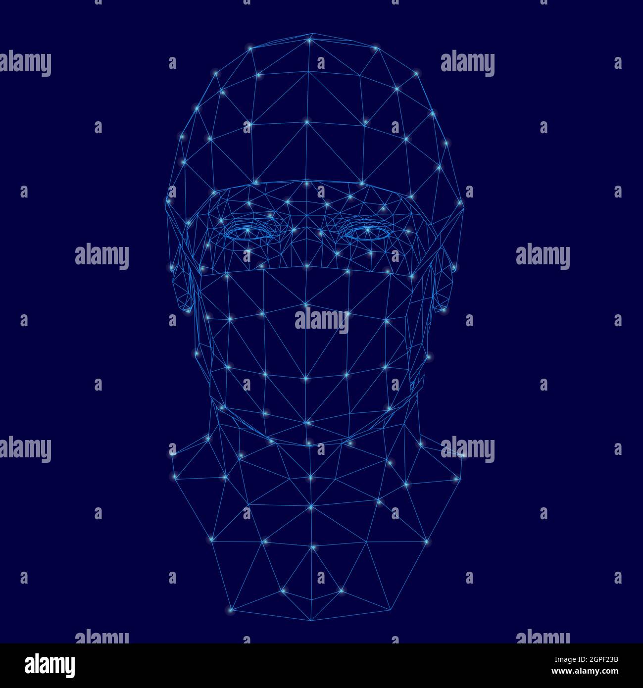 Image filaire de la tête d'un médecin dans un masque de protection avec des lumières brillantes faites de lignes bleues sur un fond sombre. Vue avant. Illustration vectorielle. Illustration de Vecteur