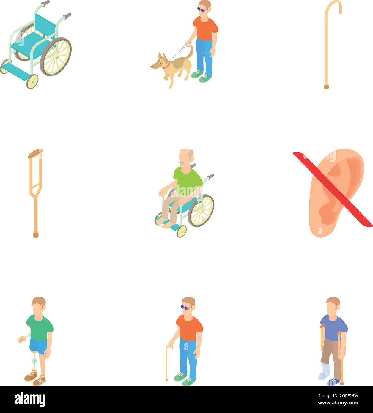 Les personnes handicapées, cartoon style icons set Illustration de Vecteur