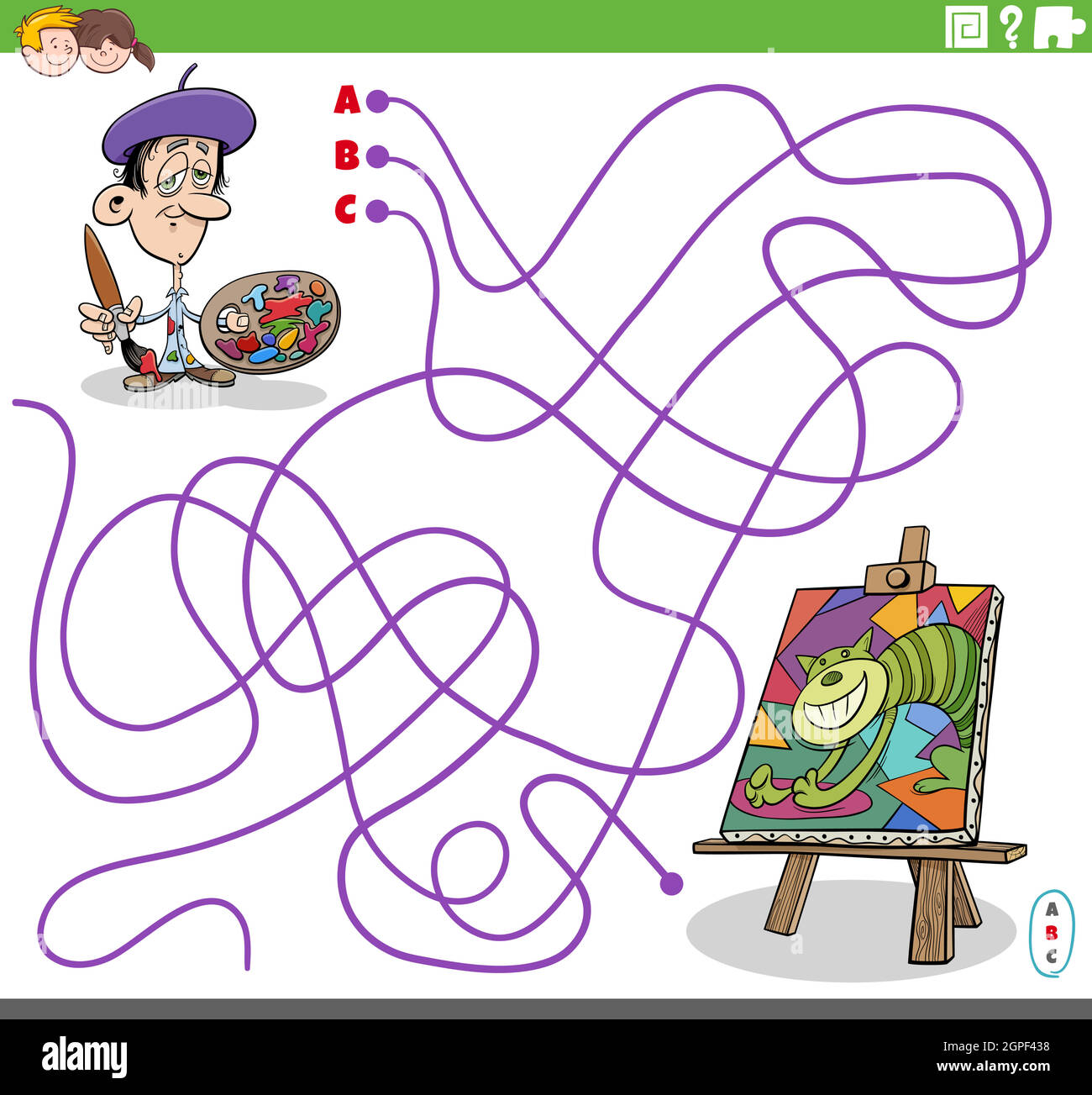 jeu de labyrinthe éducatif avec peintre de dessin animé et sa peinture Illustration de Vecteur