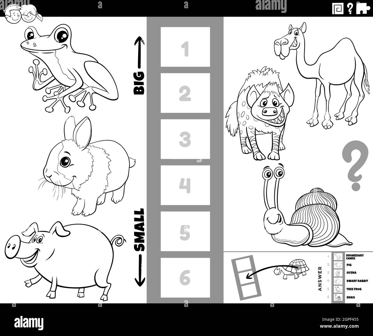 trouvez la plus grande et la plus petite page de livre de coloriage de la tâche de dessin animé animal Illustration de Vecteur