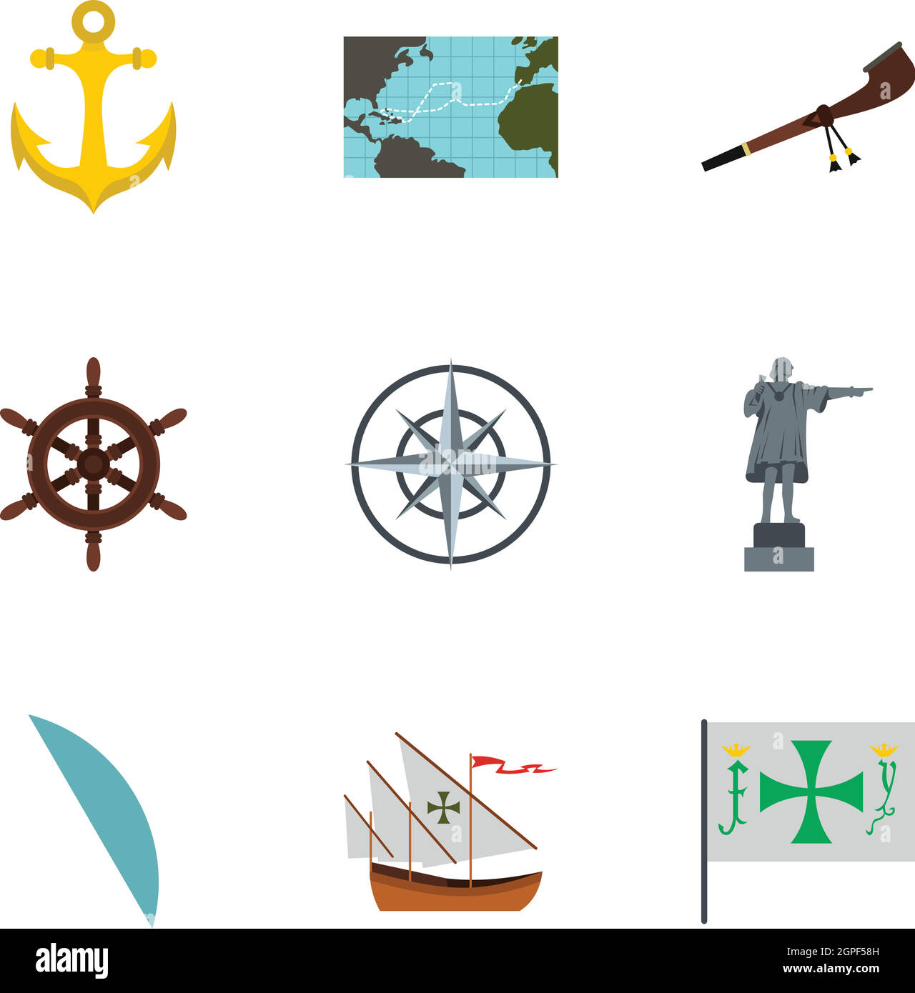 Découverte de l'Amérique icons set, style plat Illustration de Vecteur