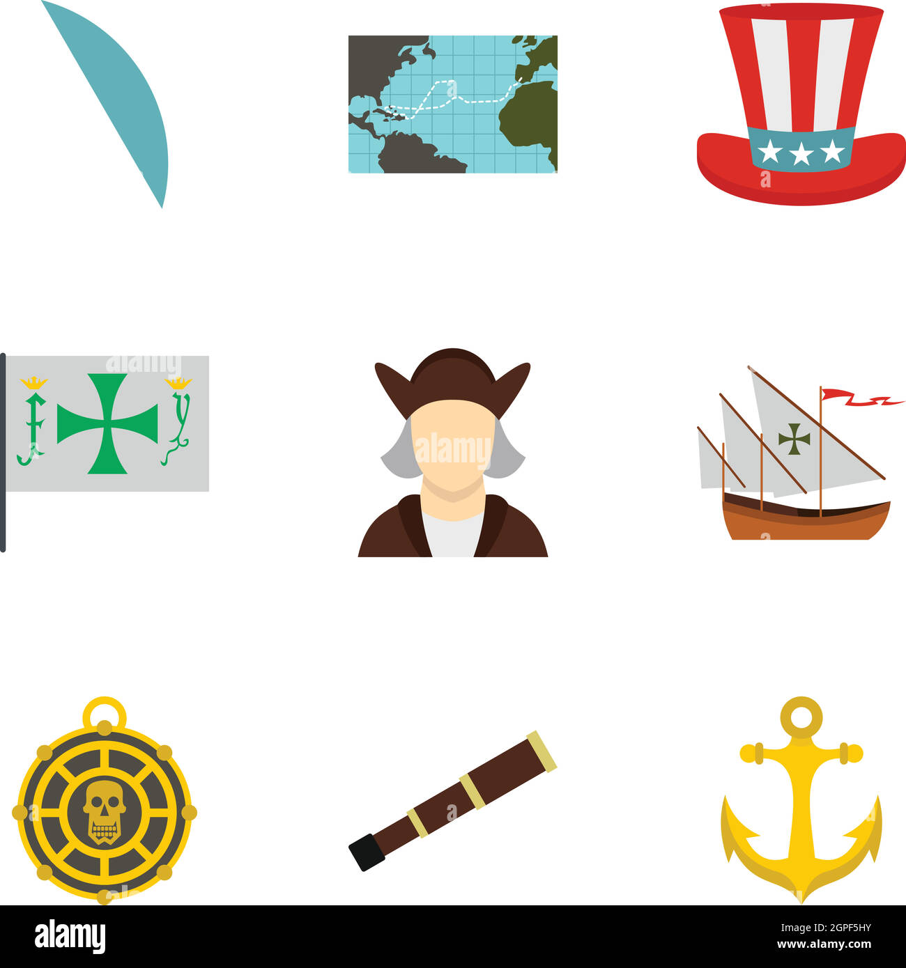 Columbus Day icons set, style plat Illustration de Vecteur