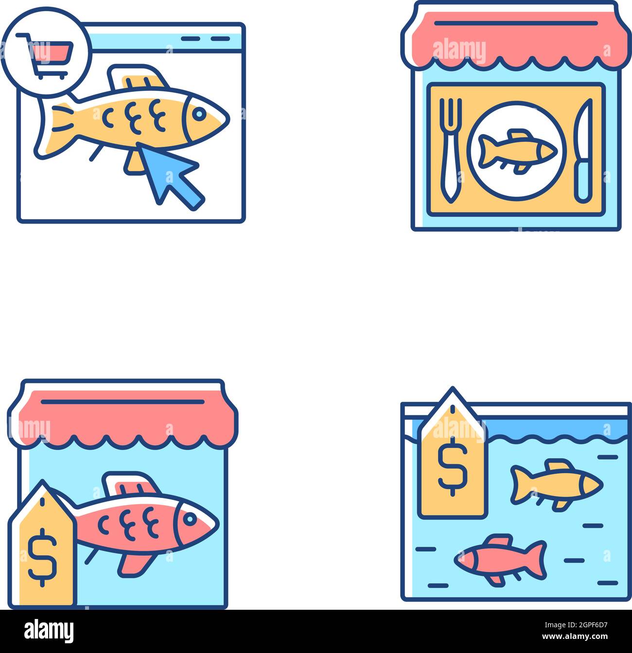 Produit de fruits de mer vendant des icônes de couleur RVB ensemble Illustration de Vecteur