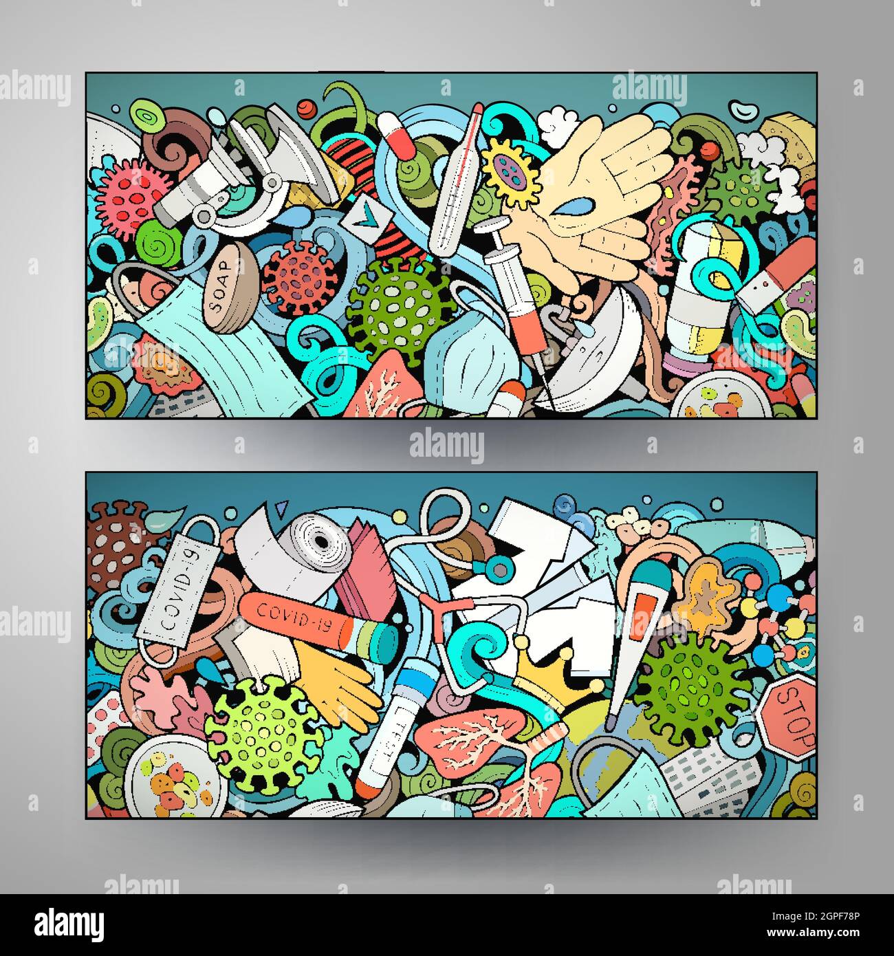 Ensemble de bannières horizontales de jolis dessins animés à motif coronavirus Illustration de Vecteur