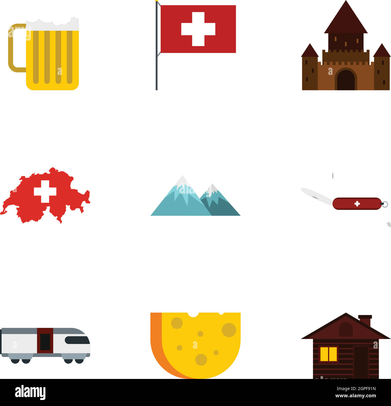 Tourisme en Suisse icons set, style plat Illustration de Vecteur