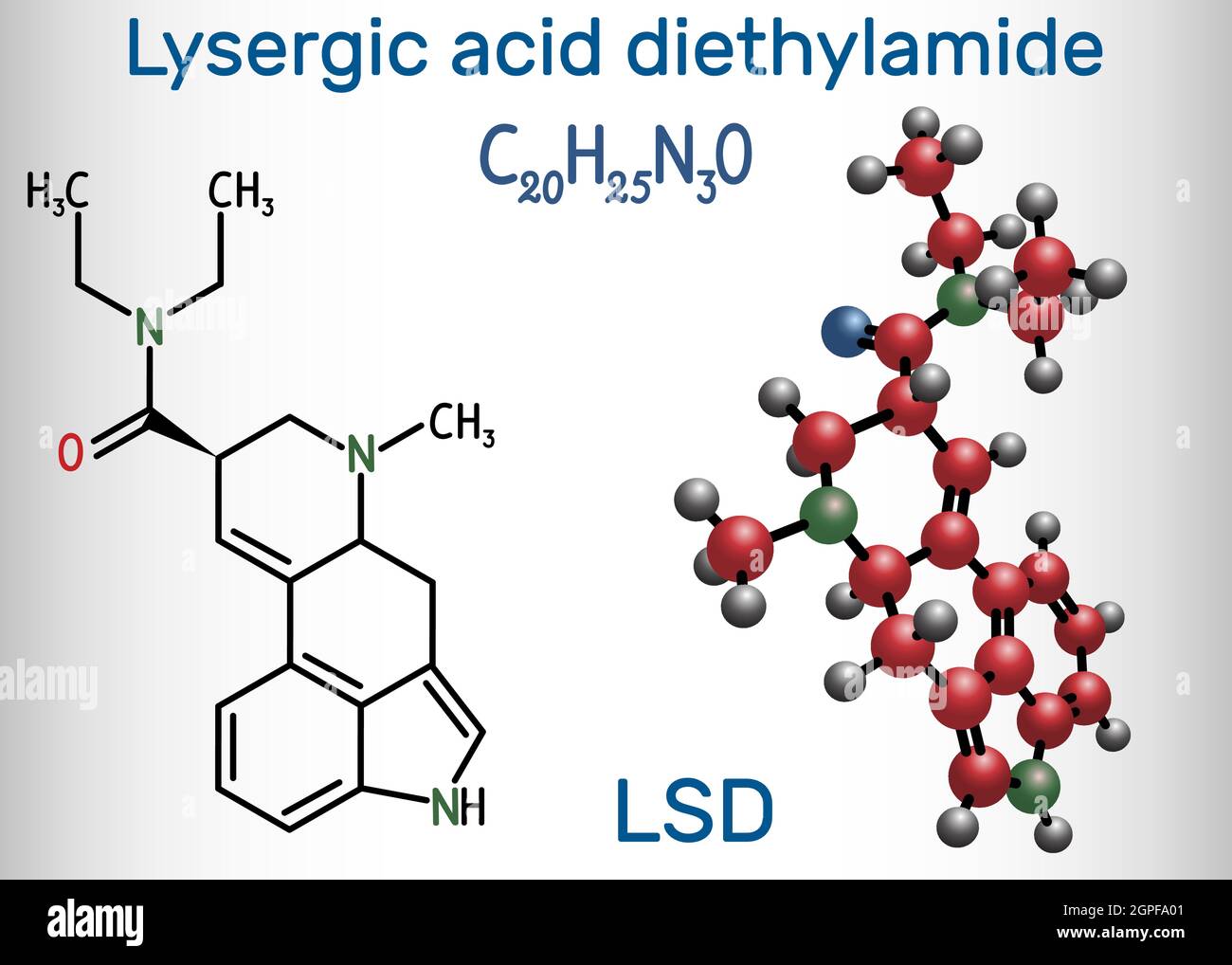 Acide lysergique diéthylamide (LSD). C'est un médicament hallucinogène. Formule chimique structurelle et modèle moléculaire Illustration de Vecteur